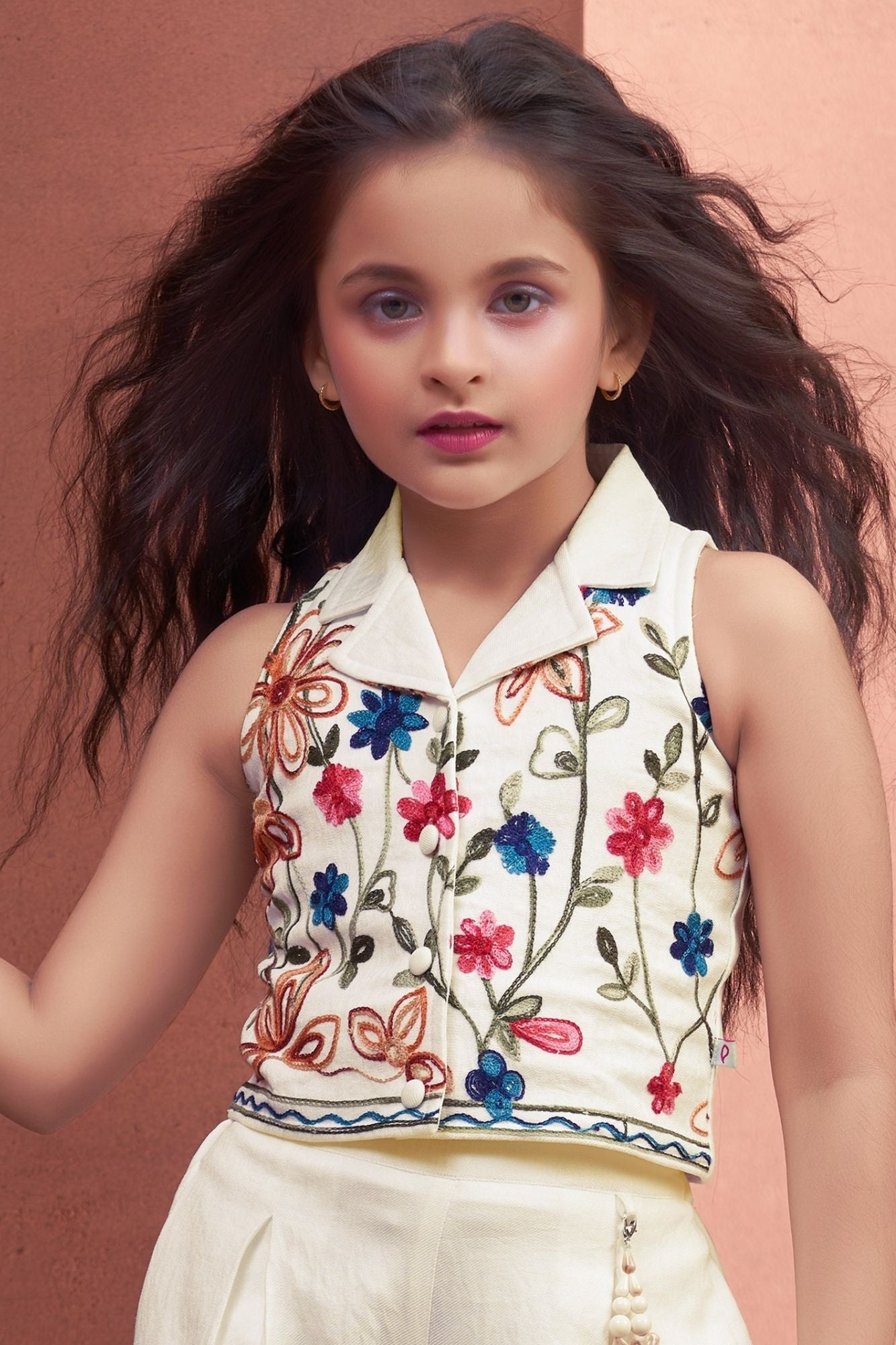 Girls Elegant White Embroidered Top And Pants Co-Ord Set With Multicolor Floral Detailing