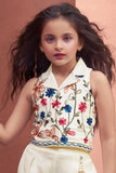 Girls Elegant White Embroidered Top And Pants Co-Ord Set With Multicolor Floral Detailing