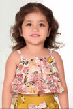 Mustard Floral Printed Frill Top With Thread Work Shorts Set For Girls
