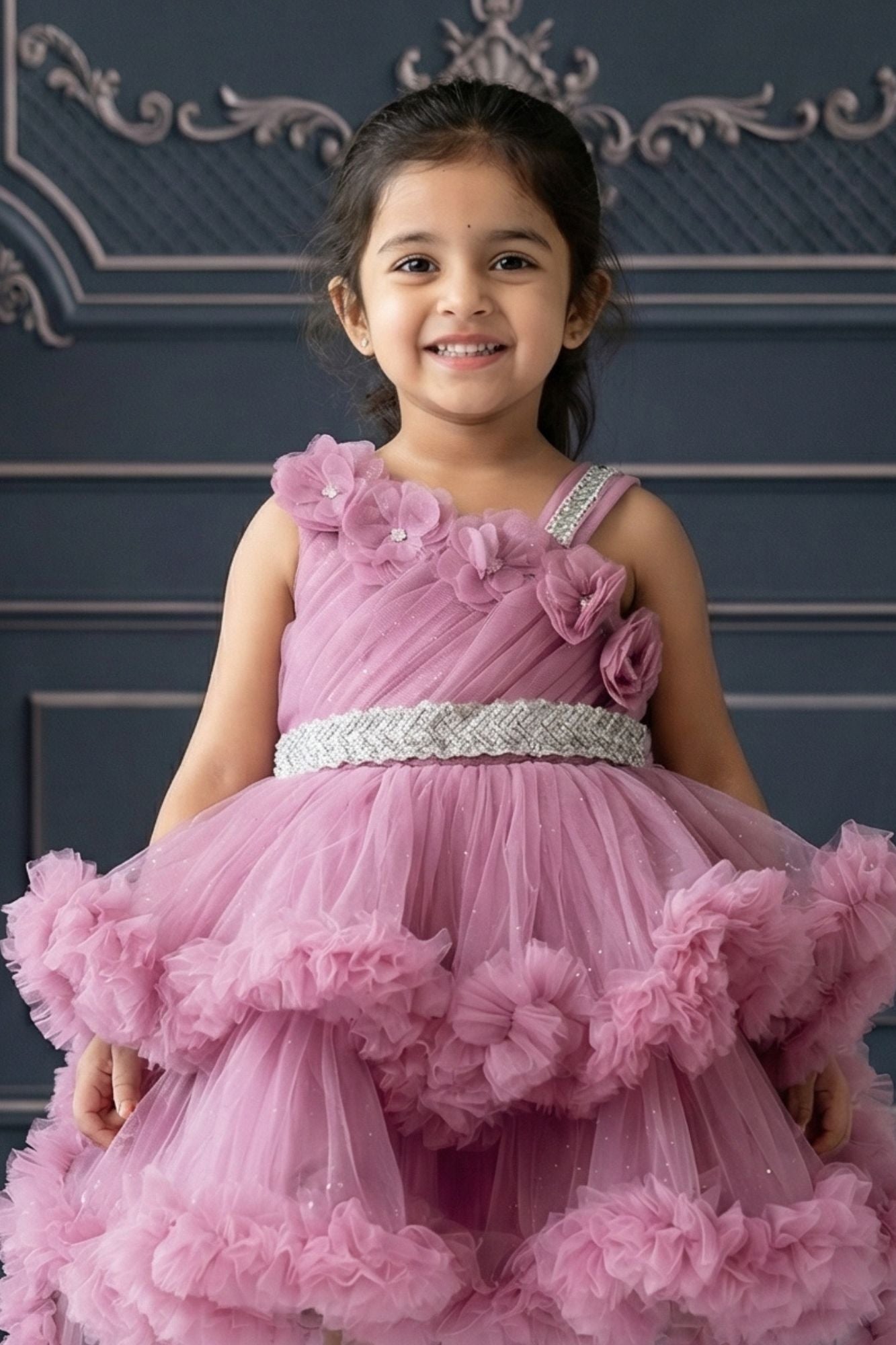 Onion Pink Floral Appliqué Layered High-Low Party Wear Frock For Girls