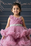 Onion Pink Floral Appliqué Layered High-Low Party Wear Frock For Girls