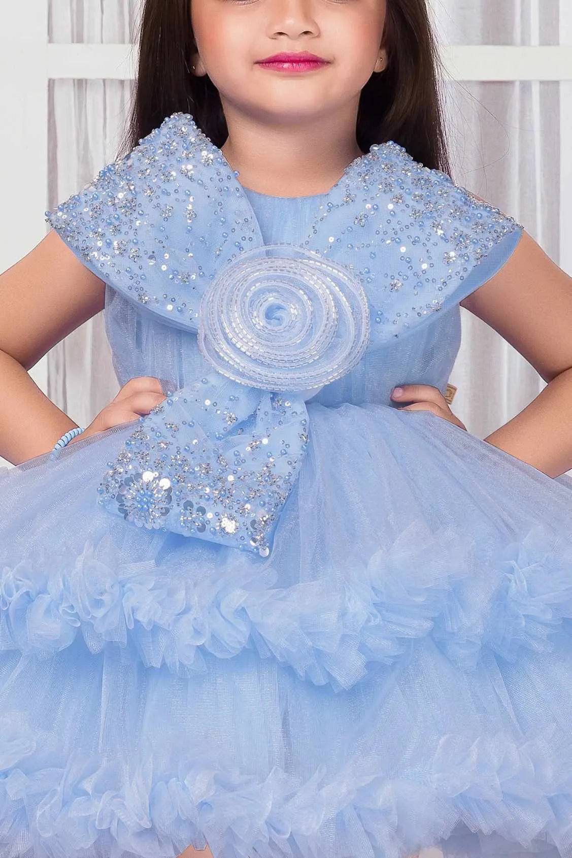 Powder Blue Sequin Bow Party Frock For Girls