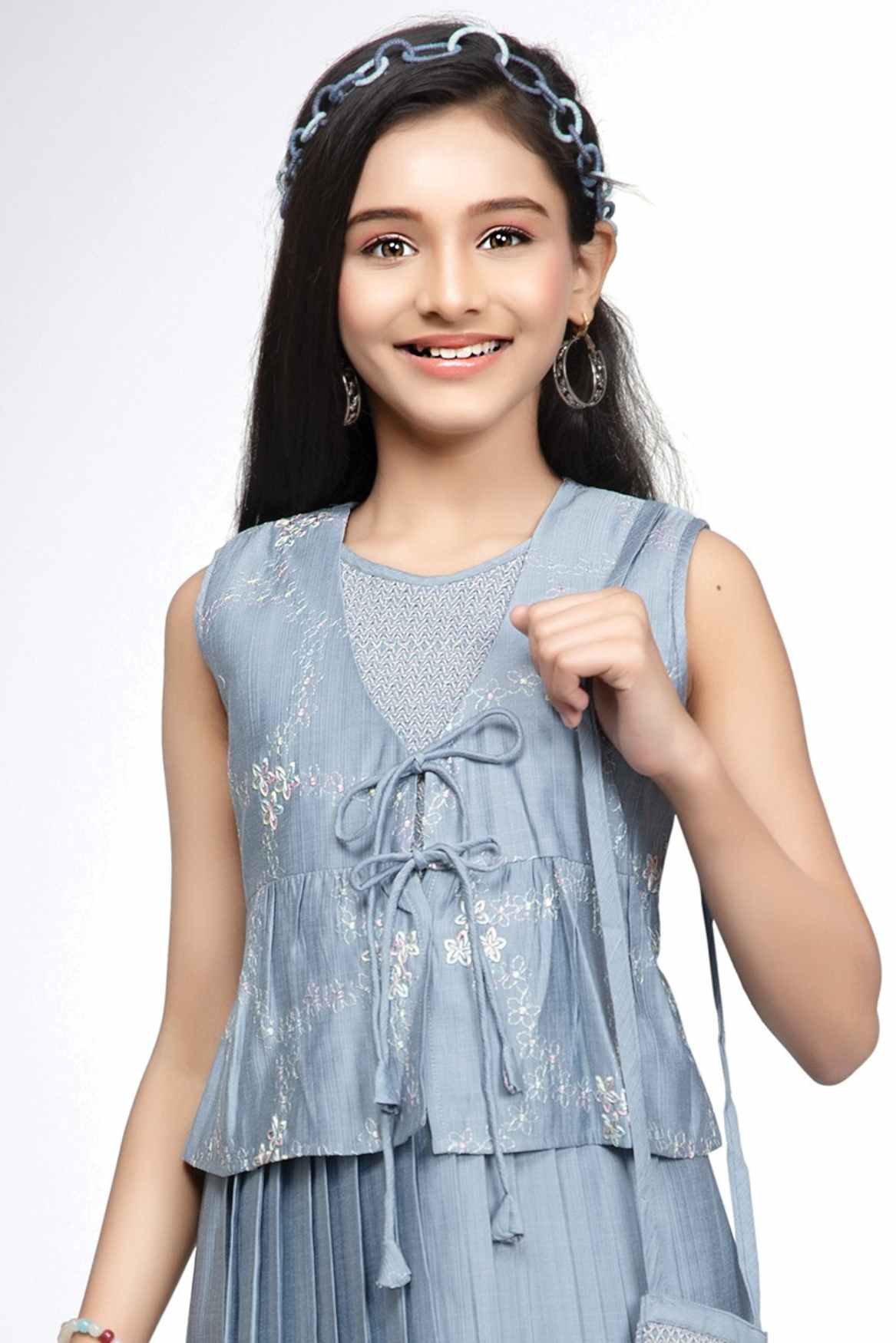 Ice Blue Embroidery Casual Dress For Girls