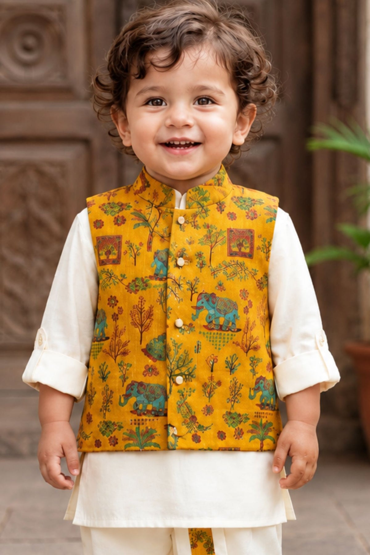 Boys Mustard Yellow Printed Waistcoat Dhoti Kurta Set