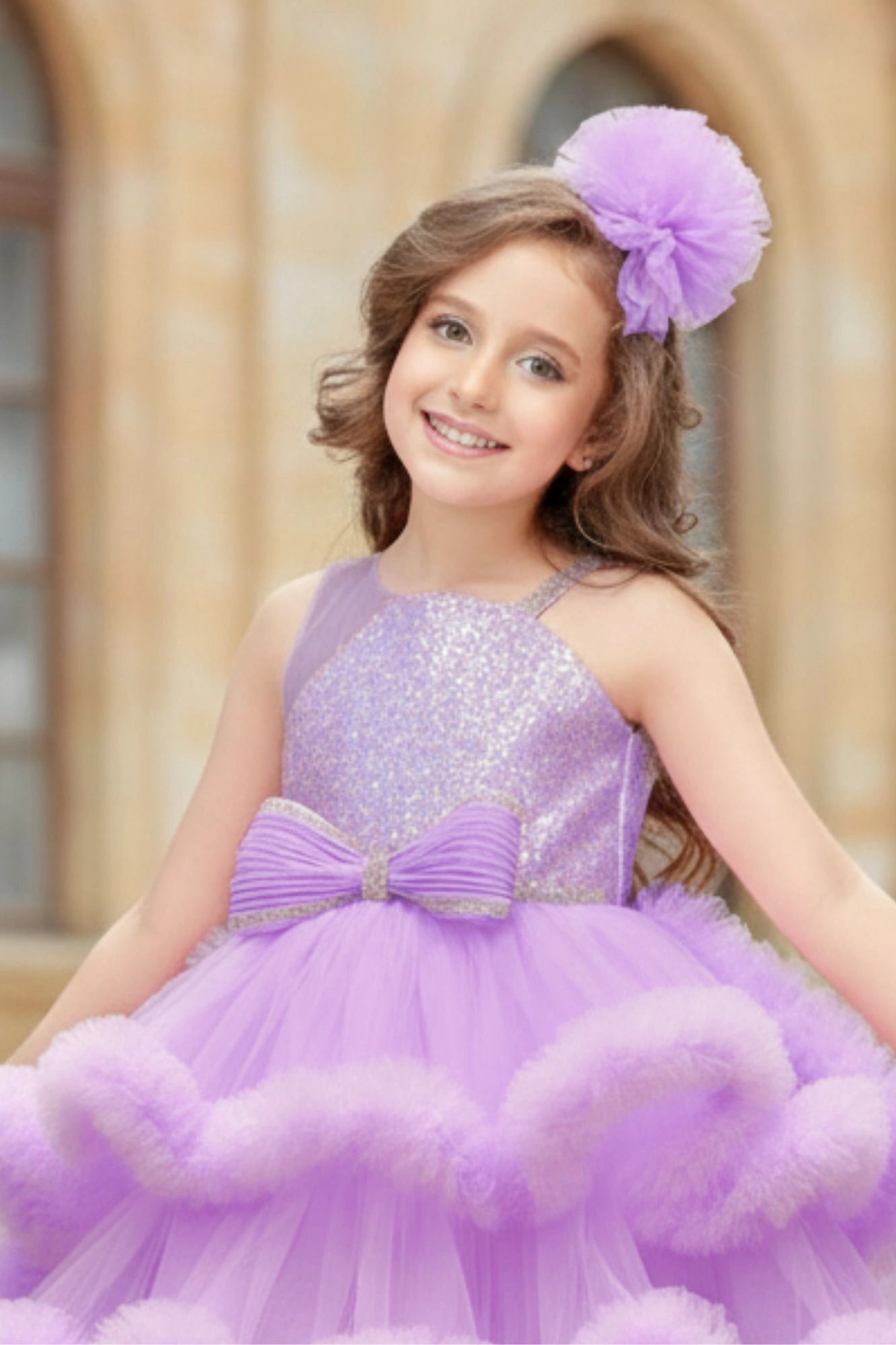 Lavender Sequin Embellished High-Low Party Dress with Ruffle Hem For Girls