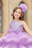 Lavender Sequin Embellished High-Low Party Dress with Ruffle Hem For Girls