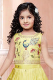 Yellow Sleeveless Choli And Lehenga Set With Peacock  Motifs Zari Embroidery For Girls