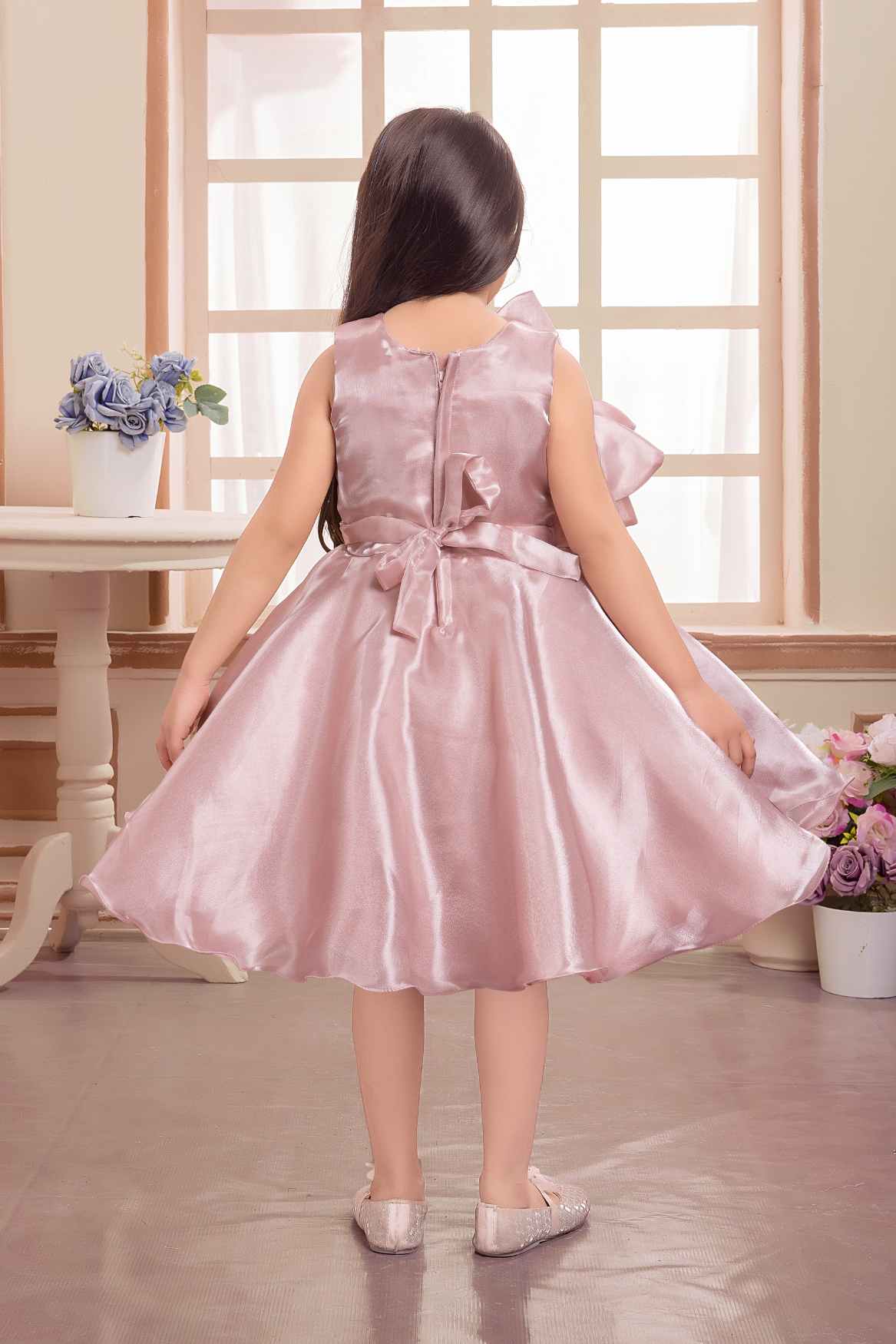 Elegant Peach Floral And Butterfly Embellished Frock For Girls