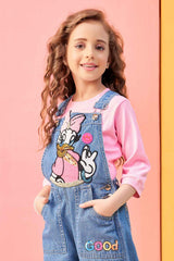 Pink 3/4th Sleeves T-shirt With Cartoon Embroidered Blue Denim Jumpsuit Set For Girls