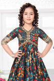 Elegant Navy Blue Floral Printed Gown For Girls - Lagorii Kids
