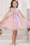 Pastel Rainbow Party Wear Frock With Floral Embellishment For Girls