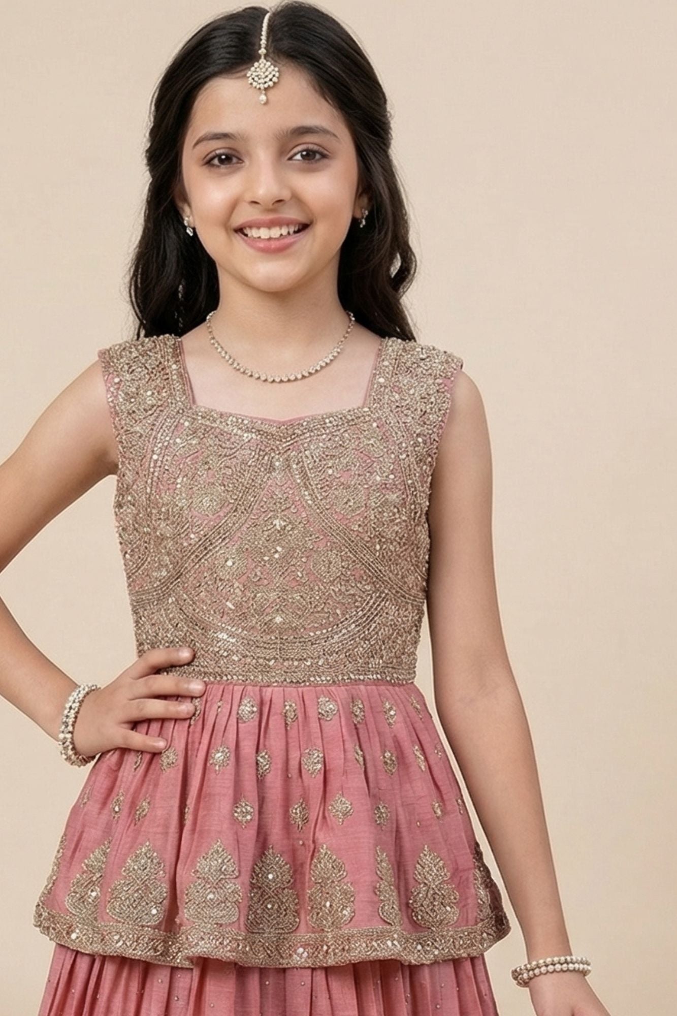 Dusty Pink Zari Embroidered Peplum Top With Lehenga Set For Girls