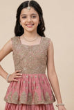 Dusty Pink Zari Embroidered Peplum Top With Lehenga Set For Girls
