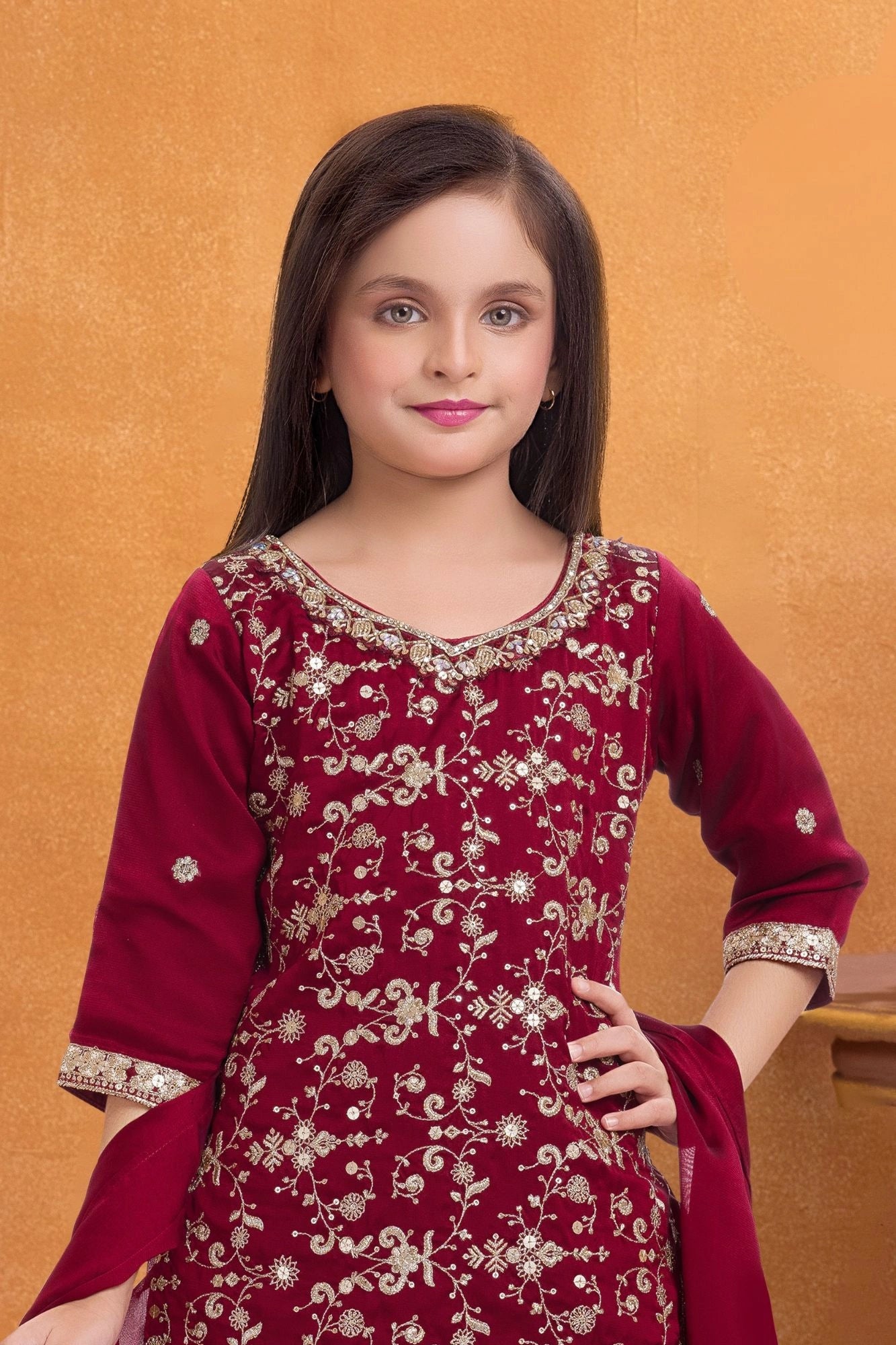 Maroon Embroidered Patiala Set For Girls