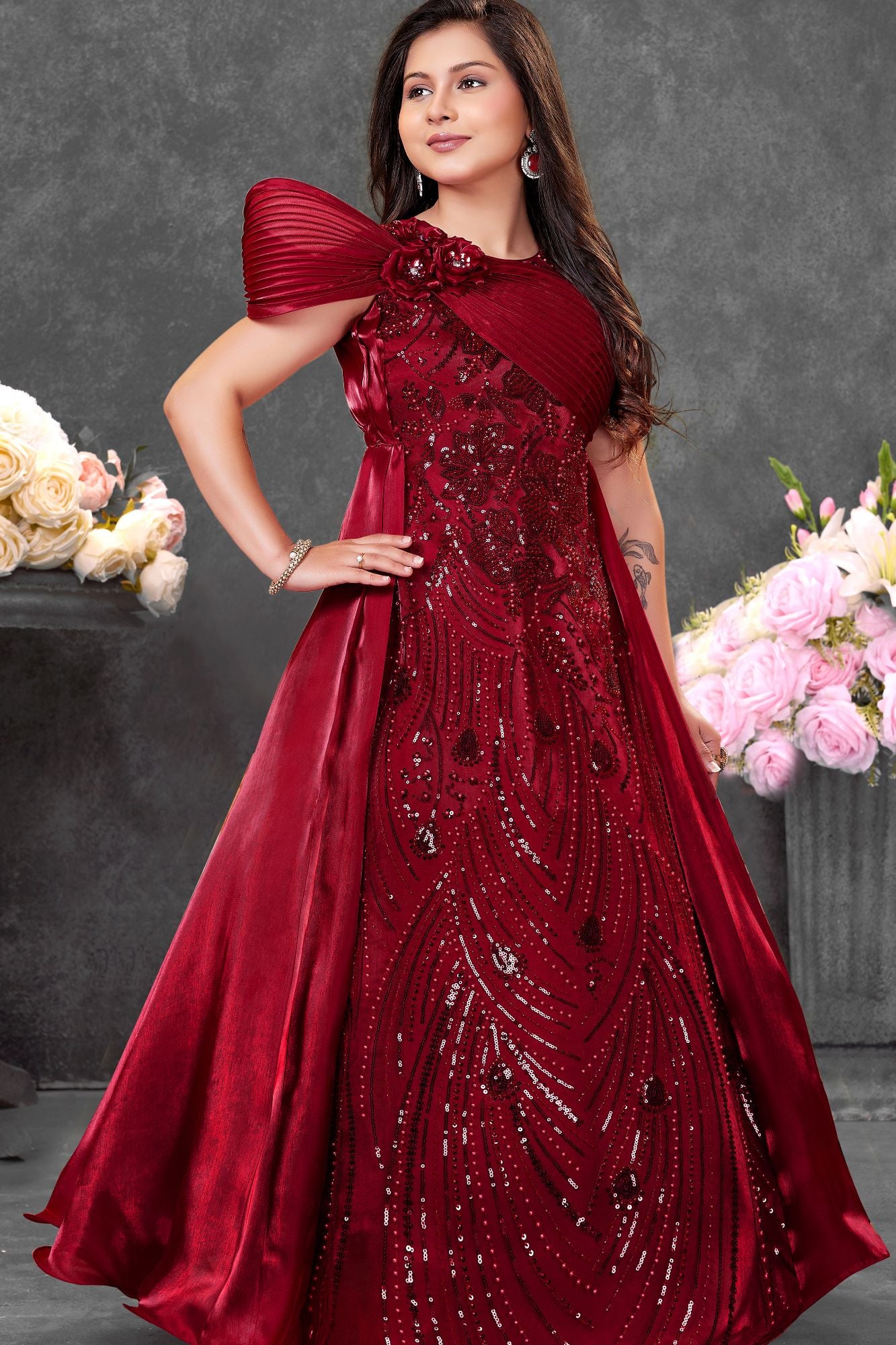 Red Sequin Embroidered Cape Style Party Wear Gown For Girls