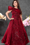 Red Sequin Embroidered Cape Style Party Wear Gown For Girls