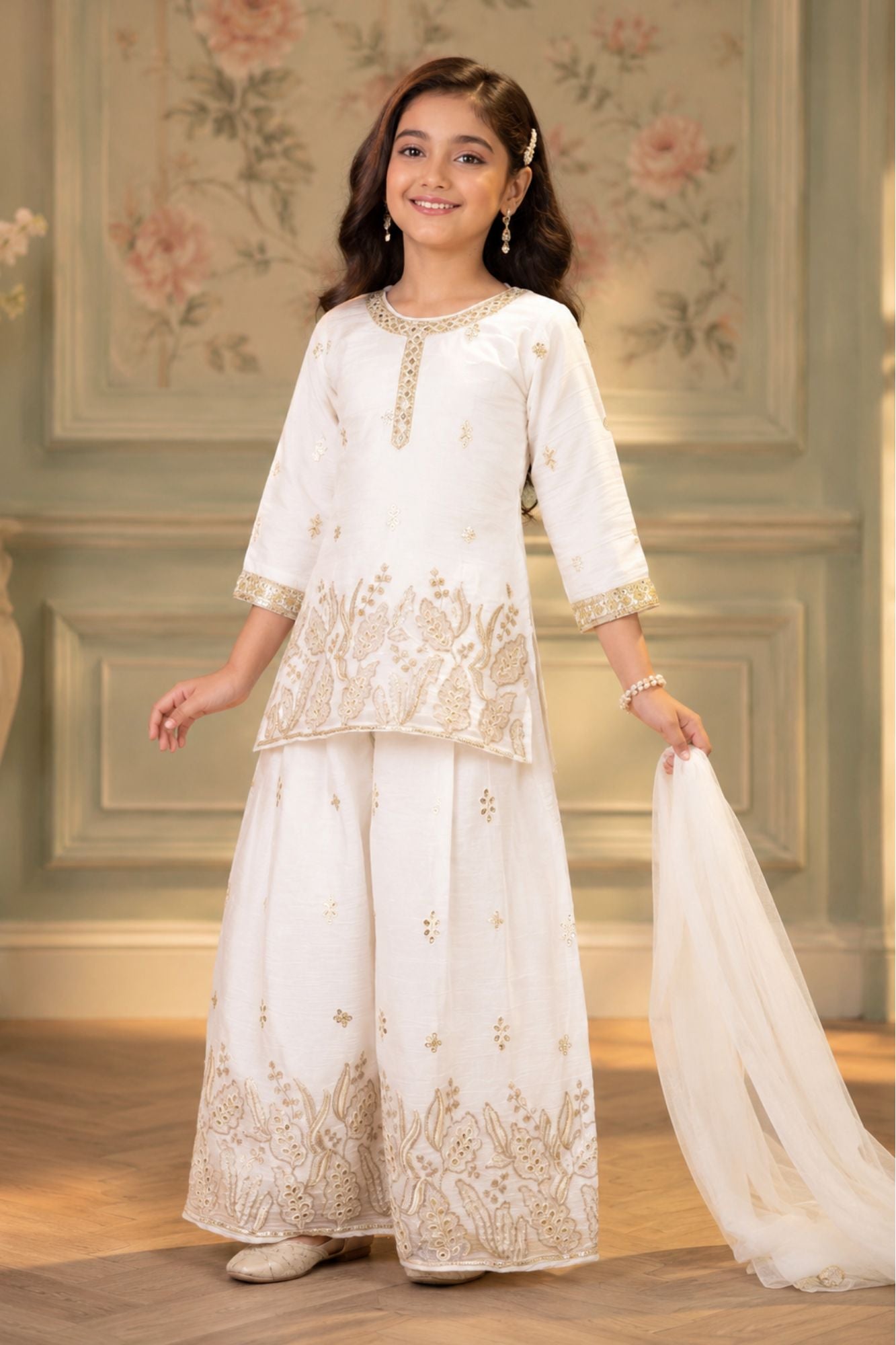 White Zari Embroidered Palazzo Set For Girls