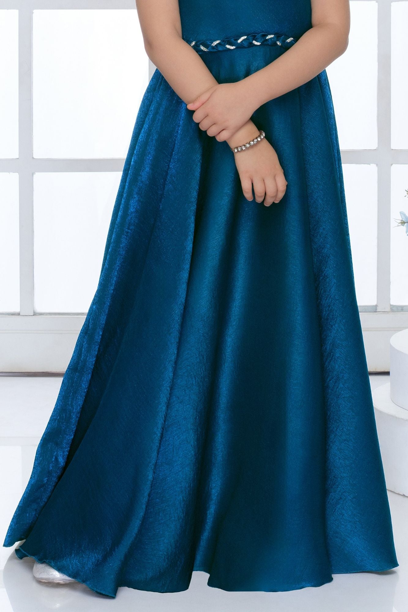 Peacock Blue Embellished Off-Shoulder Party Gown For Girls