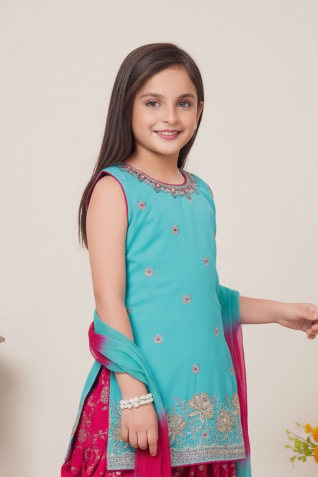 Blue And Pink Embroidered Patiala Suit Set With Dupatta For Girls