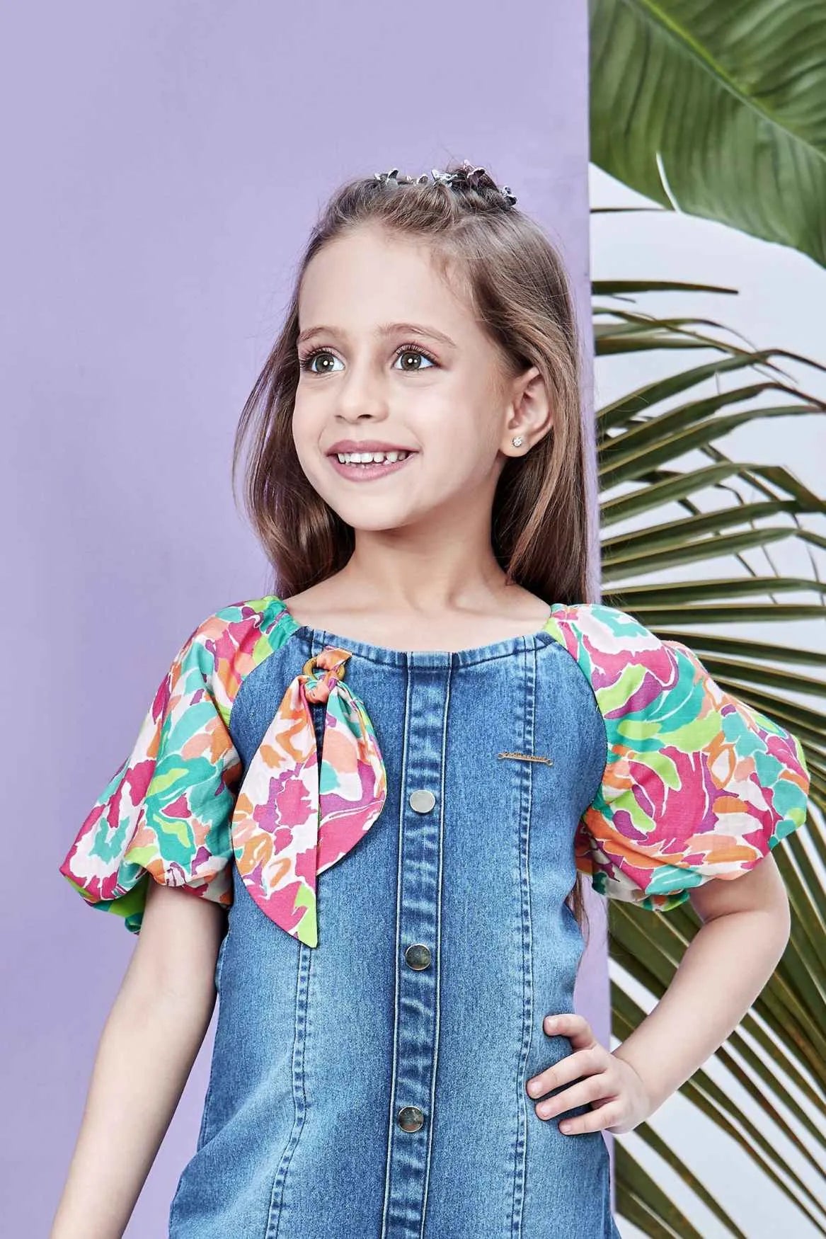 Denim Dress with Multicolor Puff Sleeves and Heart Patch For Girls