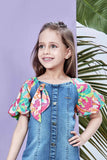 Denim Dress with Multicolor Puff Sleeves and Heart Patch For Girls