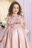 Peach Sleeveless And Floral Embellished Tailback Frock For Girls