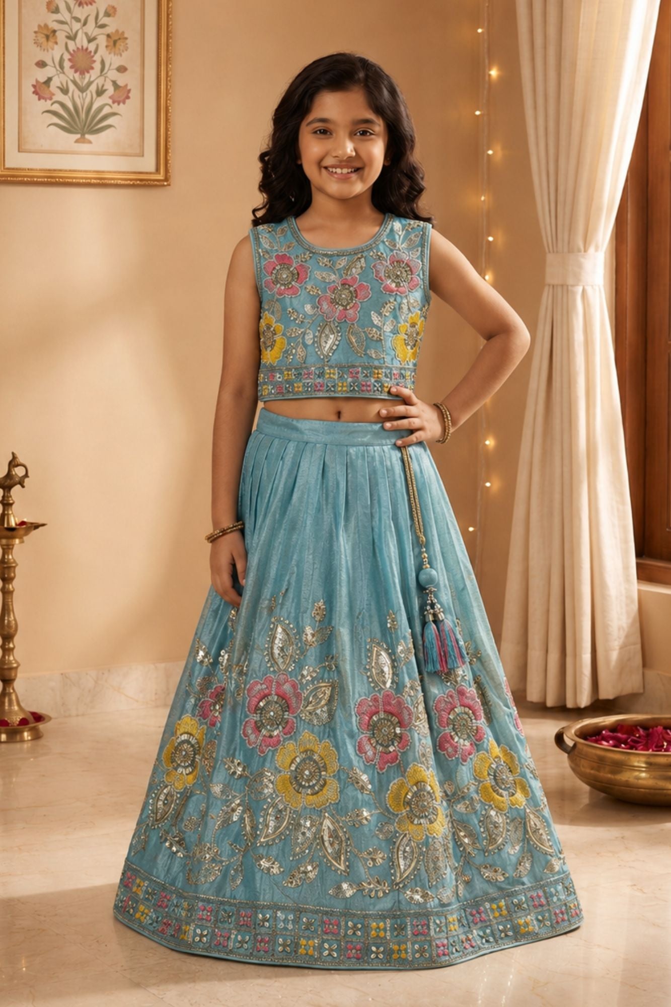 Dusty Blue Floral Embellished Lehenga Choli Set