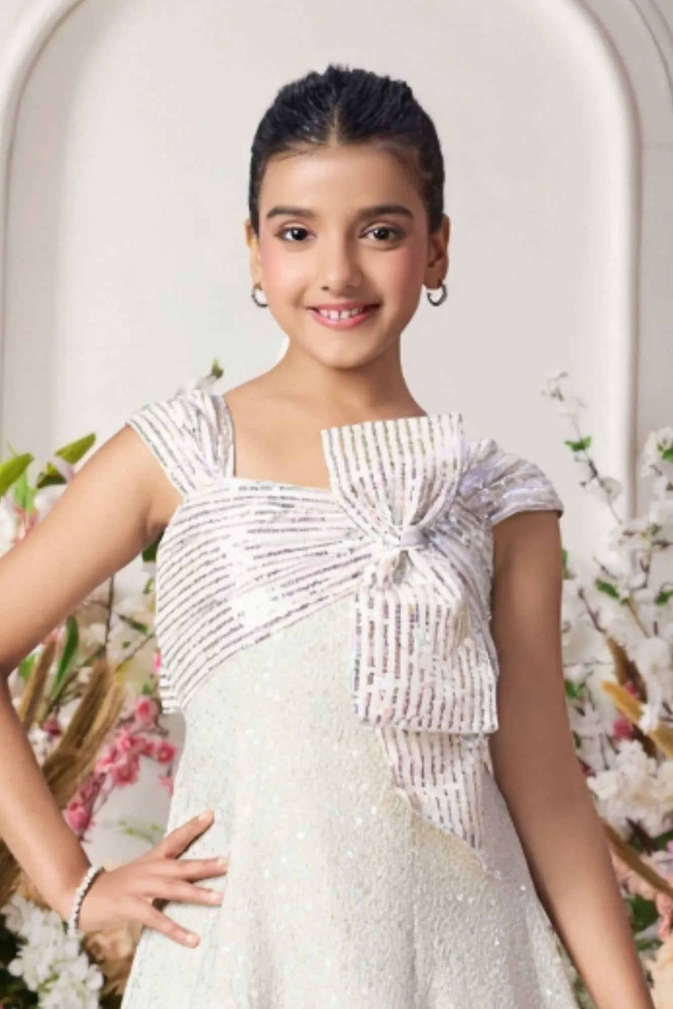 Cream Sequin Gown with Statement Bow and Shimmer Detailing For Girls