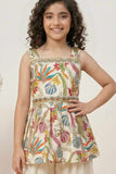 Cream Palazzo Set With Embroidered Multicolor Peplum Top For Girls