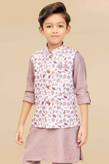 Onion Pink Kurta Set With Cream Embroidered Bandi For Boys