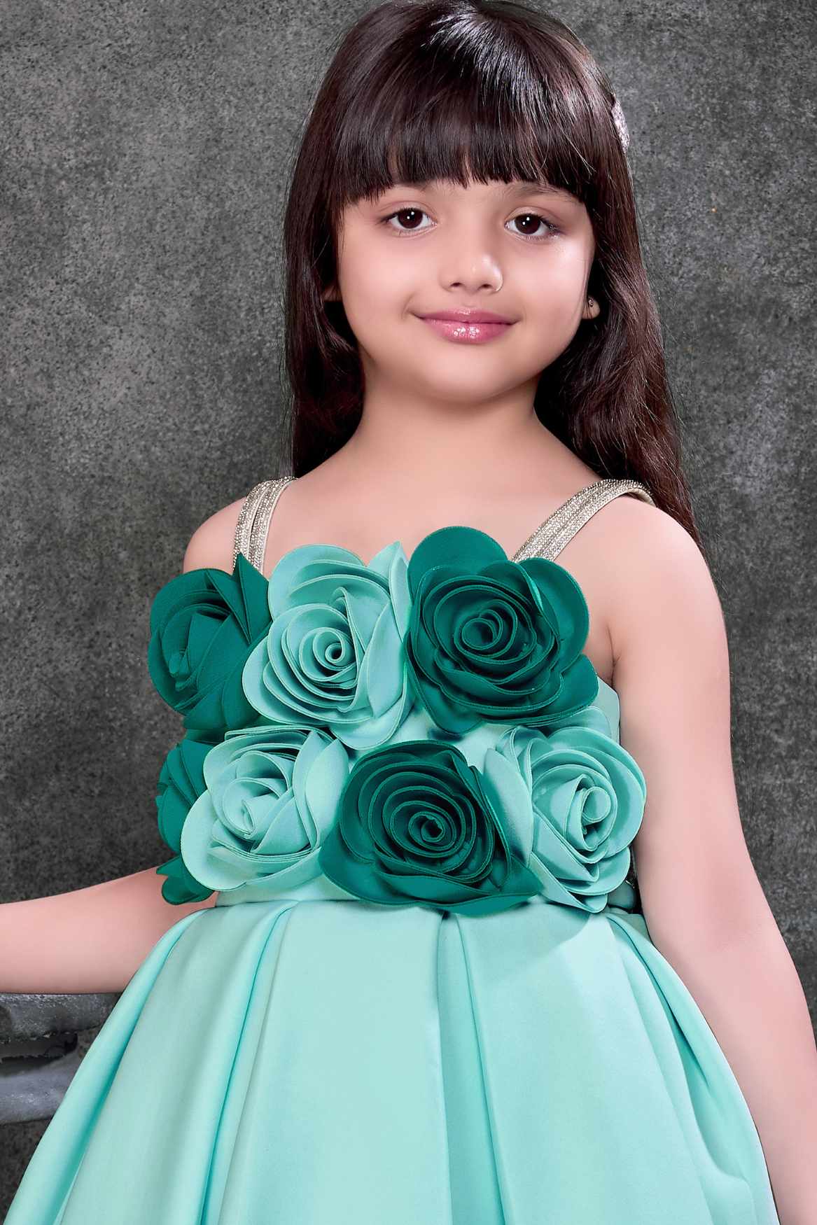 Light Blue Floral Appliqué Party Wear Frock with Pleated Skirt For Girls