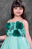 Light Blue Floral Appliqué Party Wear Frock with Pleated Skirt For Girls