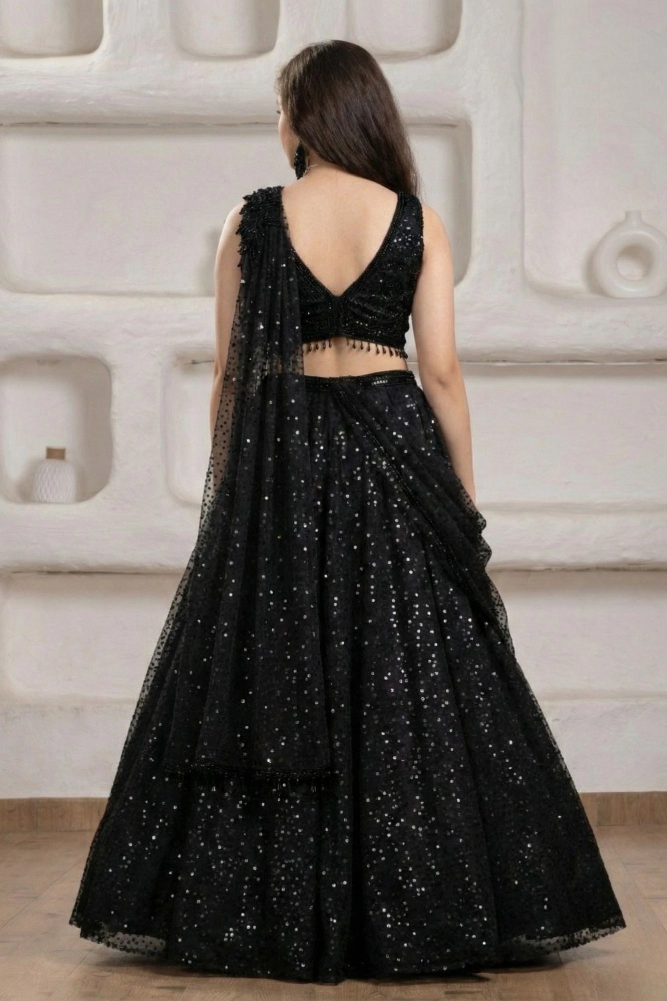 Black Sequin Embroidered Lehenga Set with Net Dupatta For Girls