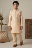Peach Embroidered Linen Kurta Set For Boys