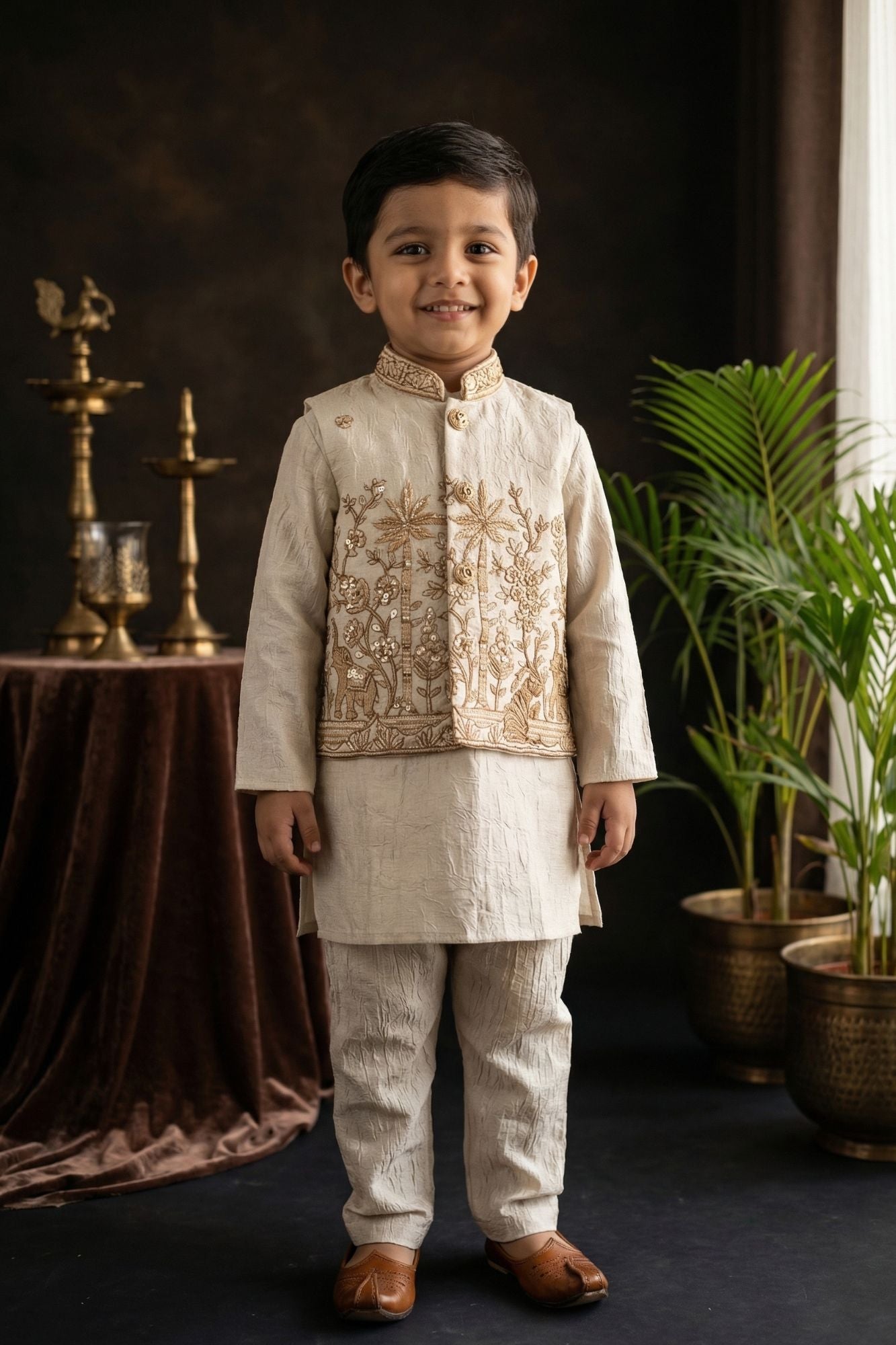 Ivory Gold Embroidered Jacket Kurta Set With Jacket For Boys