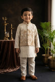 Ivory Gold Embroidered Jacket Kurta Set With Jacket For Boys