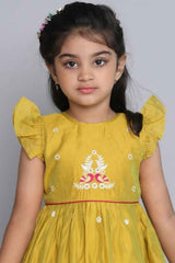 Mustard Frill Sleeves Chanderi Silk Printed Frock For Girls