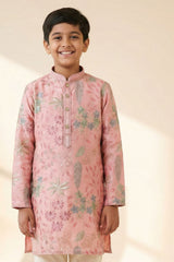 Boys Peach Floral Embroidered Kurta Set with Cream Pyjama