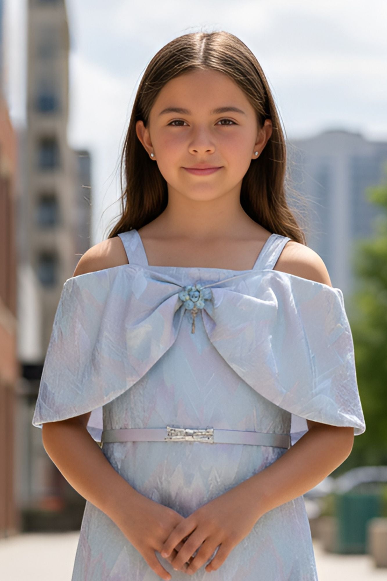Light Blue Off-Shoulder Bow Party Dress For Girls