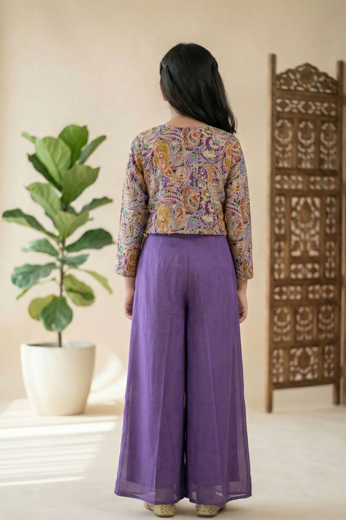 Purple Palazzo Set with Multicolor Paisley Embroidered Top For Girls