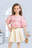 Pink Floral Top with Pleated Cream Skirt & Belt Detail For Girls