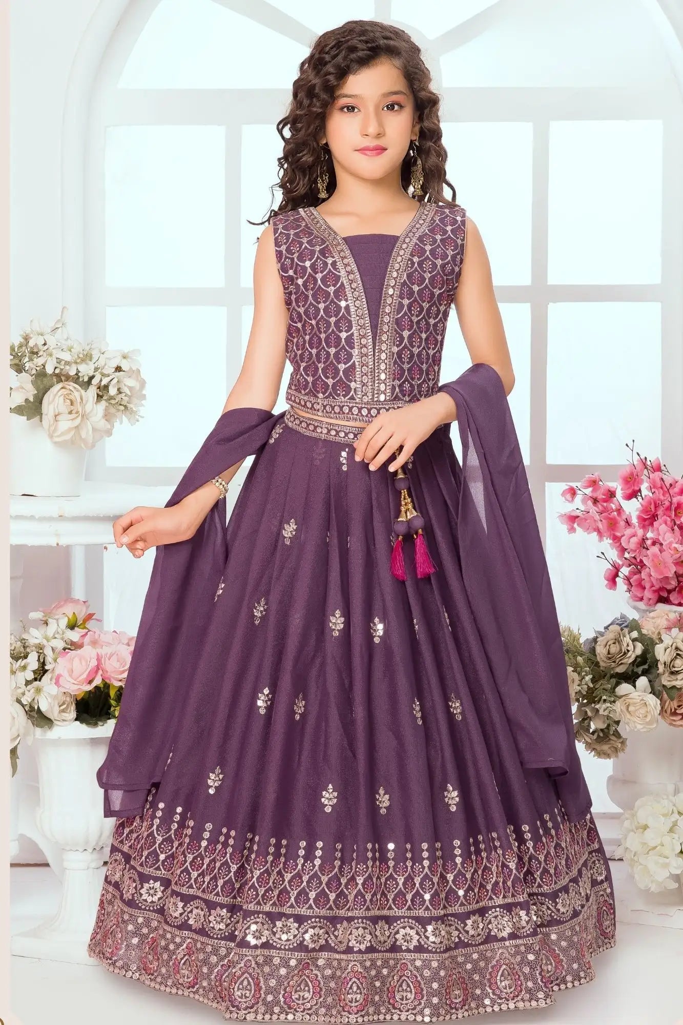 Purple Embroidered Lehenga Choli Set with Dupatta For Girls
