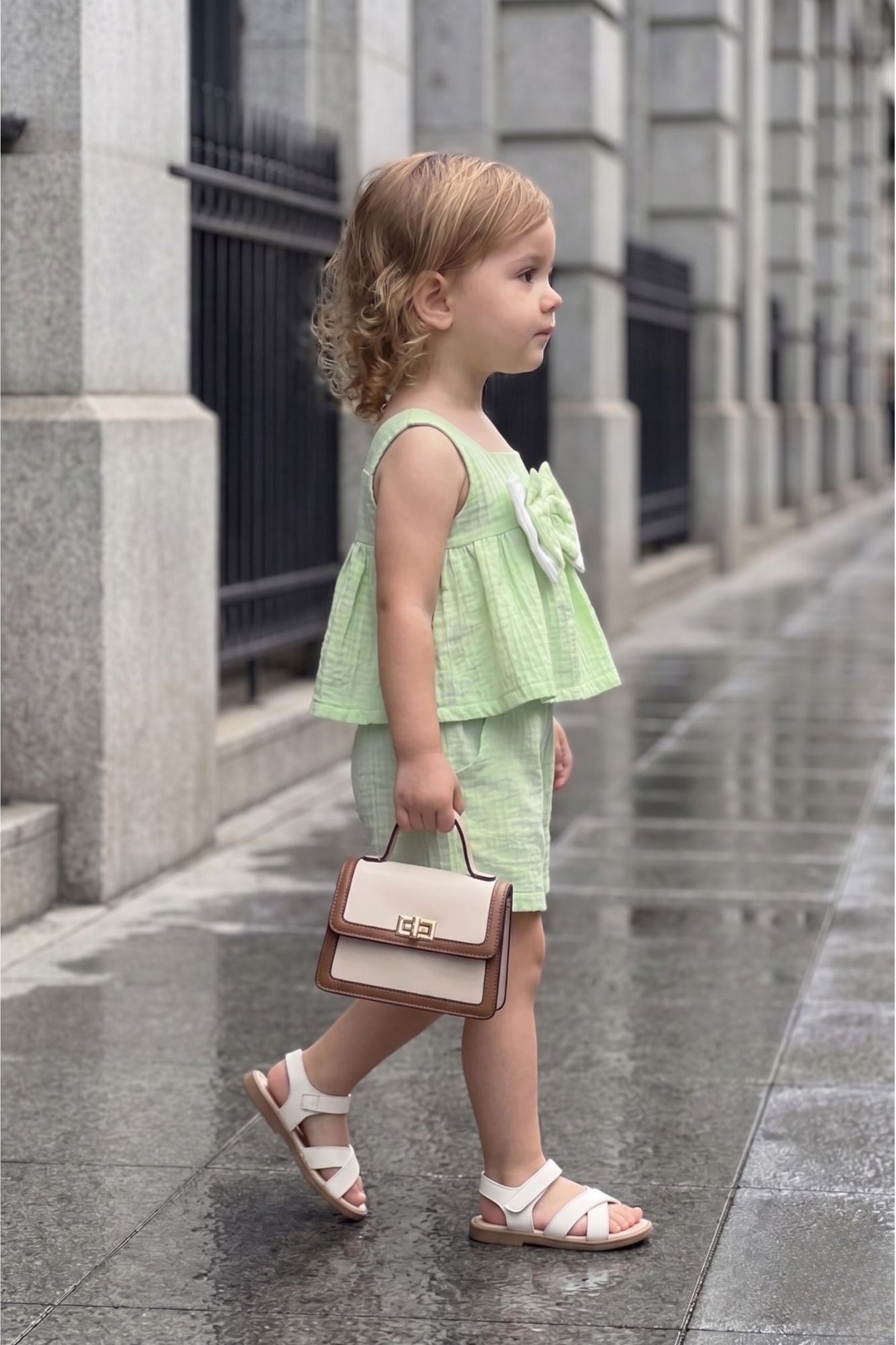 Girls Pastel Green Bow Set with Sleeveless Top and Shorts