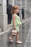 Girls Pastel Green Bow Set with Sleeveless Top and Shorts