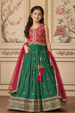 Green And Red Embroidered Lehenga Choli Set with Dupatta for Girls