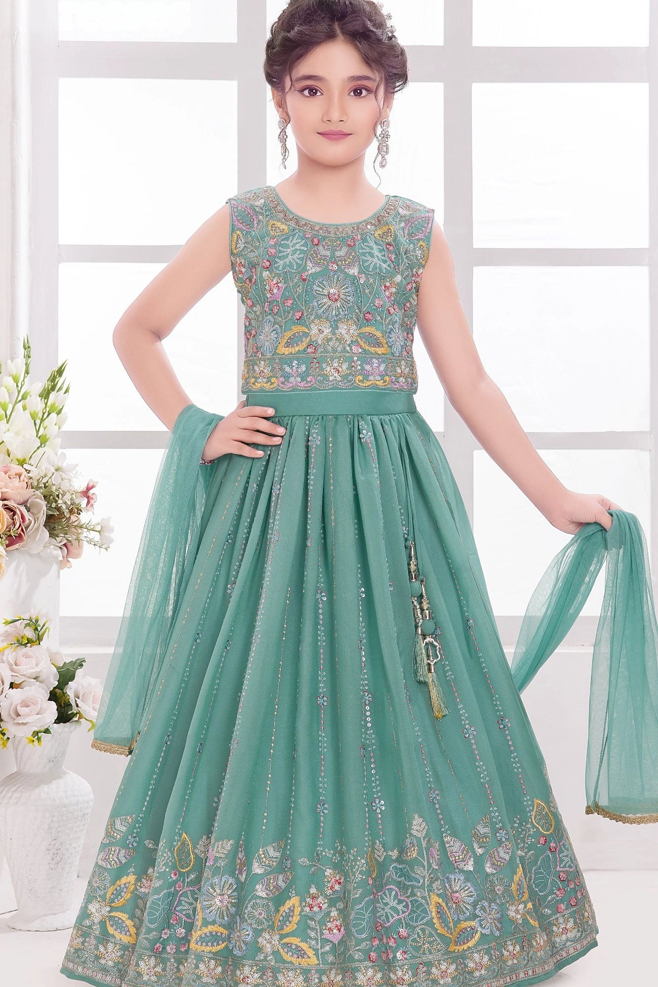 Pastel Green Floral Embroidered Lehenga Choli with Dupatta for Girls