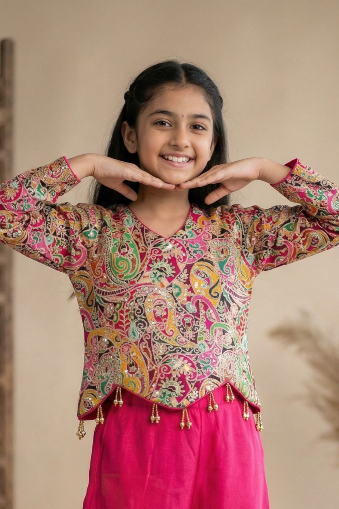 Rani Pink Palazzo Set with Multicolor Paisley Embroidered Top For Girls