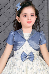 Cream Frock With Blue Sequin Overcoat For Girls