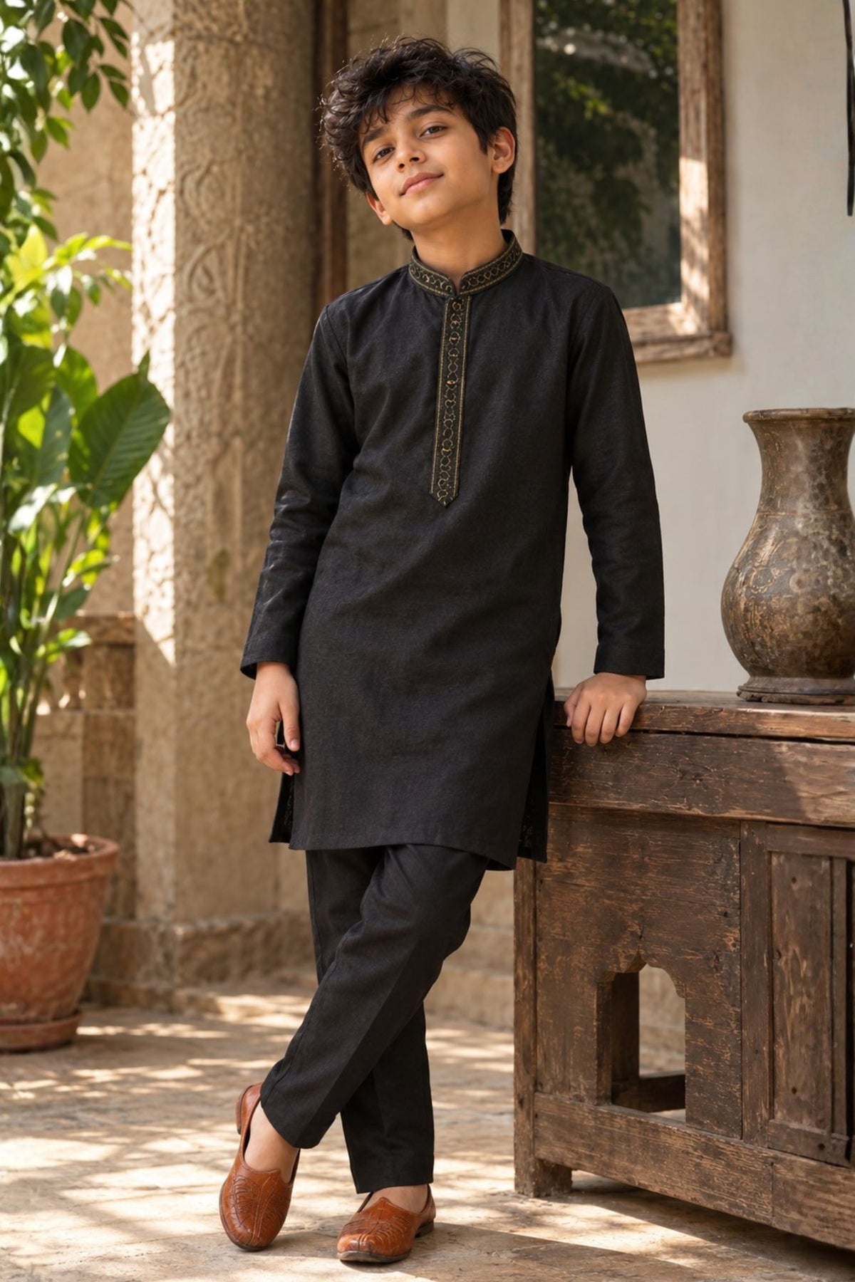 Black Embroidered Linen Kurta Set For Boys