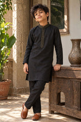 Black Embroidered Linen Kurta Set For Boys